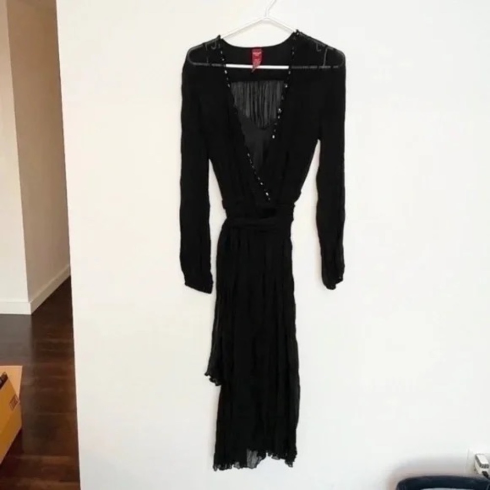 Vintage Women's Olsen Europe Sheer Long Sleeve Black Wrap Dress